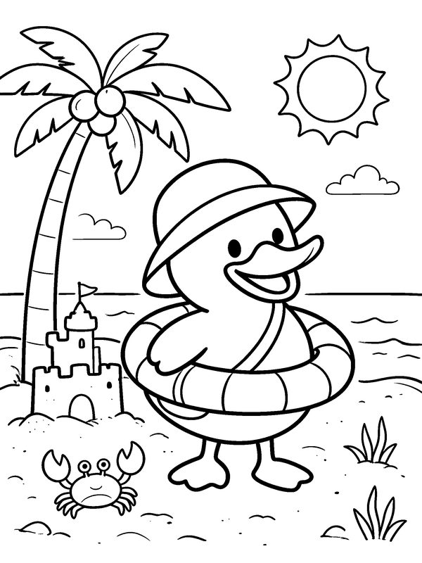 Colouring page: Dak in a swim ring at the beach, with a palm tree, a sandcastle and a little crab