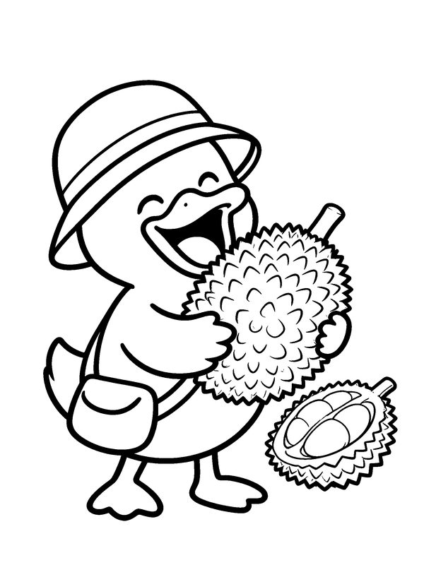 Colouring page: Dak laughing and hugging a big durian, with an opened durian beside him