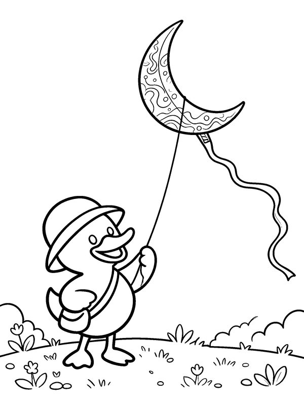 Line drawing of Dak Duck flying a wau kite on a grassy hill