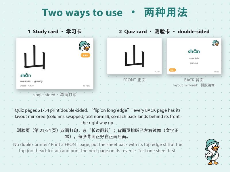 A Dak Duck study card for 山 shān (mountain) next to the front and back of a double-sided quiz card