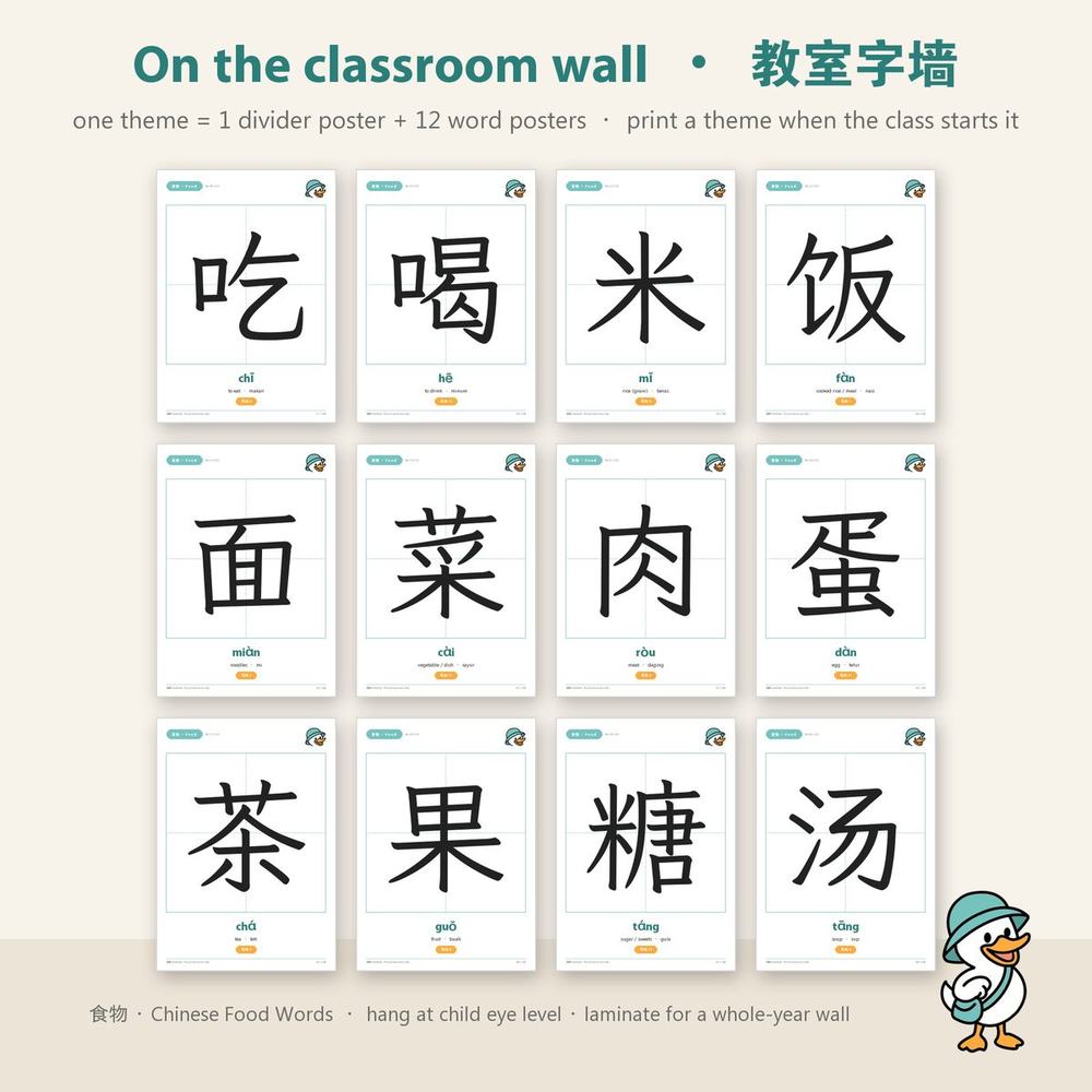 Illustrated mock-up of a word wall: the 12 Food Words posters 吃 喝 米 饭 面 菜 肉 蛋 茶 果 糖 汤 in three rows, with Dak Duck in the corner
